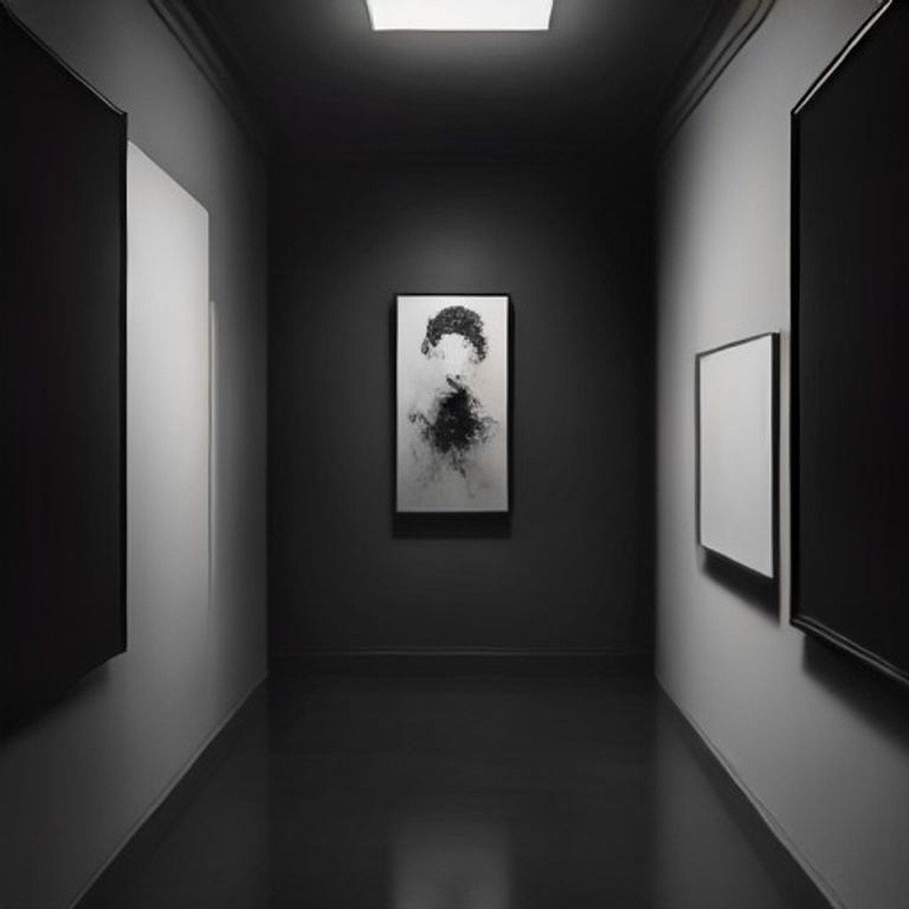 Dunkler Galerieraum mit einem einzelnen gerahmten Schwarzweiß-Fine-Art-Print unter einem Spot — Fotokunst online kaufen