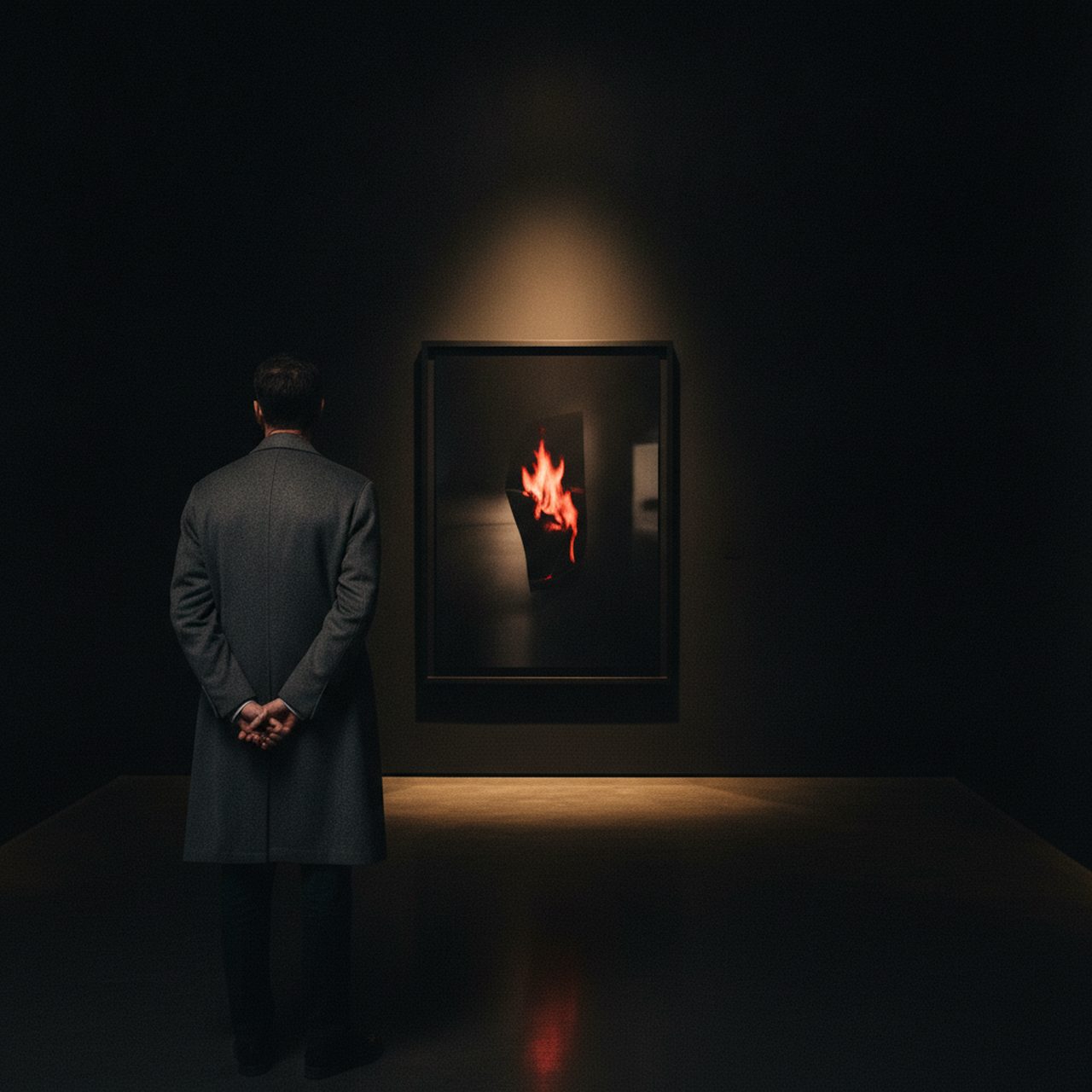 Sammler betrachtet einen großformatigen Schwarzweiß-Fine-Art-Print mit rotem Akzent in einer dunklen Galerie — Fotokunst sammeln 2026