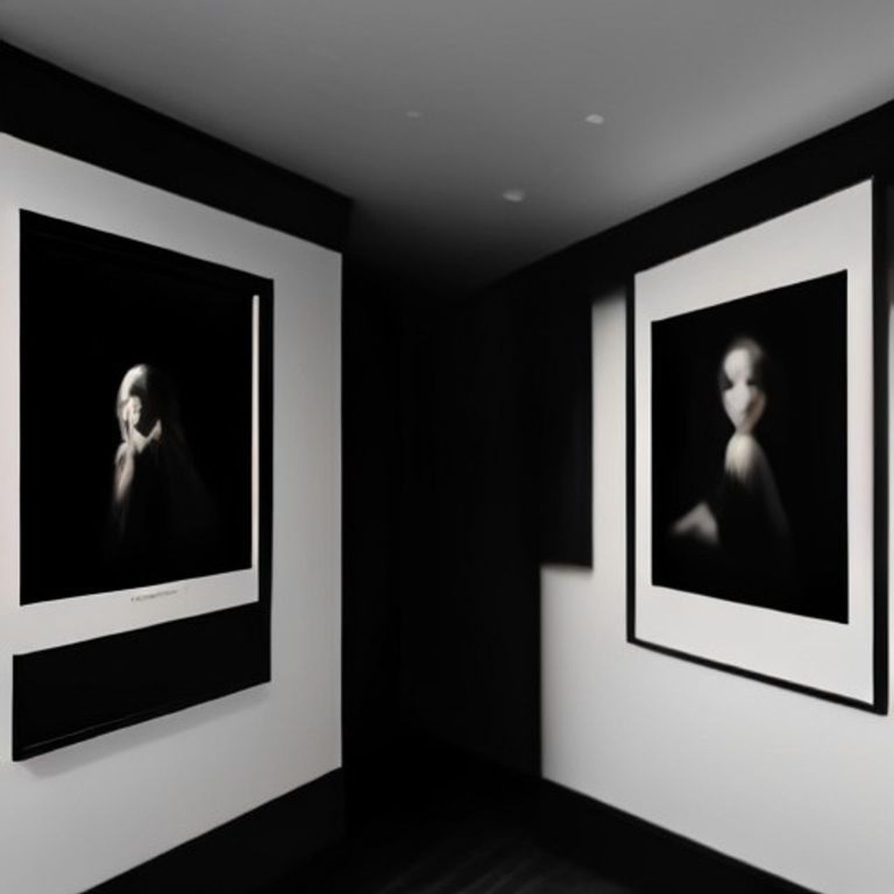Zwei gerahmte Schwarzweiß-Fine-Art-Prints in einem dunklen Galerieraum, einzeln von Spots beleuchtet — Wert von Fotokunst bestimmen