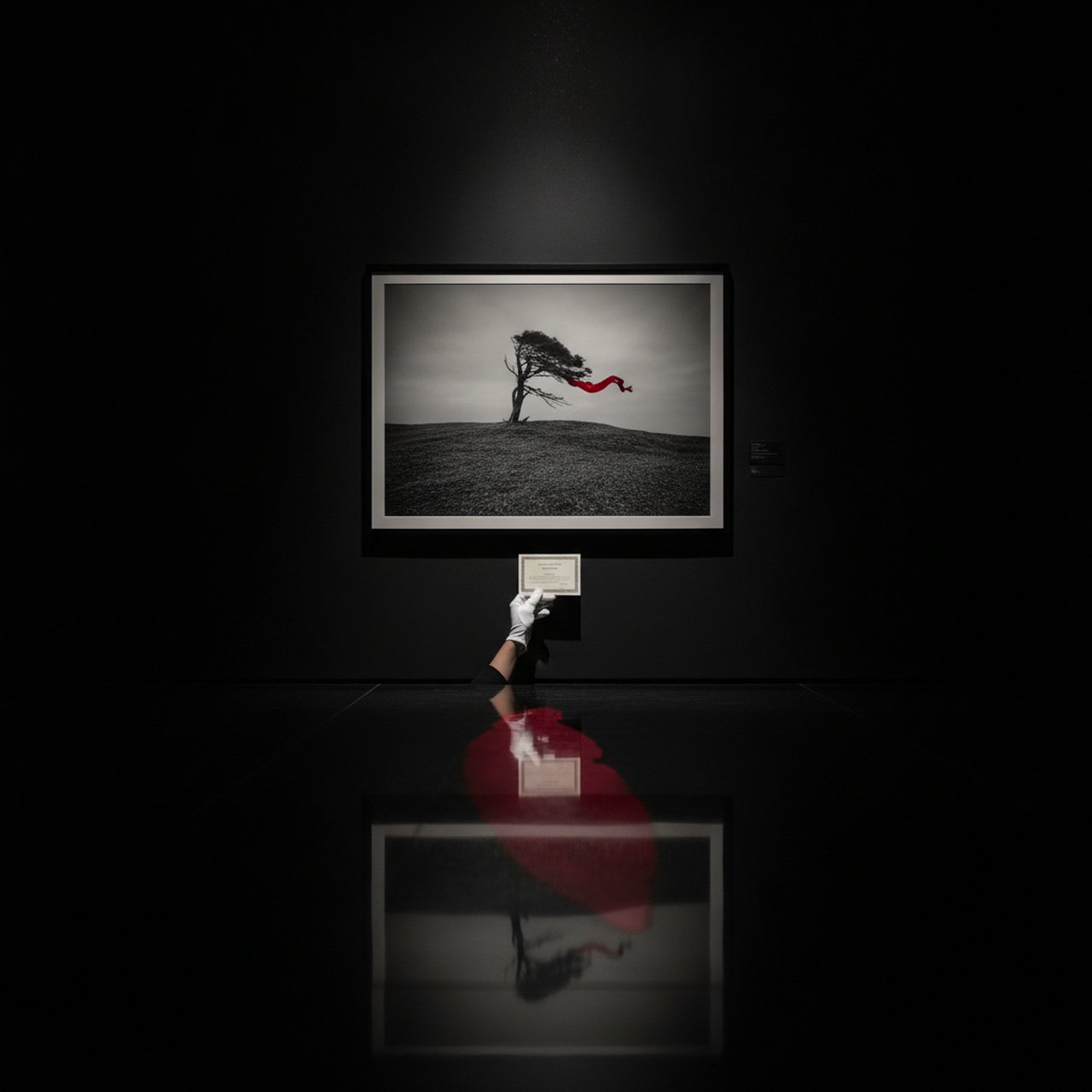 Galeriewand in Schwarz mit einem gerahmten Schwarzweiß-Fine-Art-Print und rotem Akzent, behandschuhte Hand hält ein Echtheitszertifikat im Spot — KI-Kunst erkennen und Provenienz prüfen