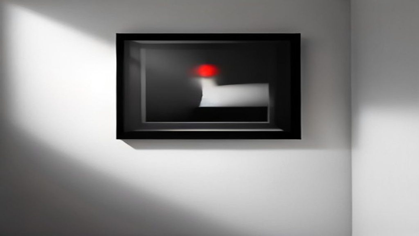 Warm weiße Wand im Ton Pantone Cloud Dancer 2026 mit einem schwarz gerahmten Fine-Art-Print, dessen dunkles Motiv einen einzelnen roten Akzent trägt