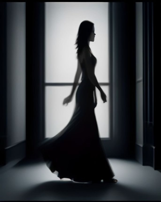 Nocturne — Redonnoir Lack Collection: elegante weibliche Silhouette am Fenster im Zwielicht, schwarzes Lackkleid, editorial Schwarzweiss
