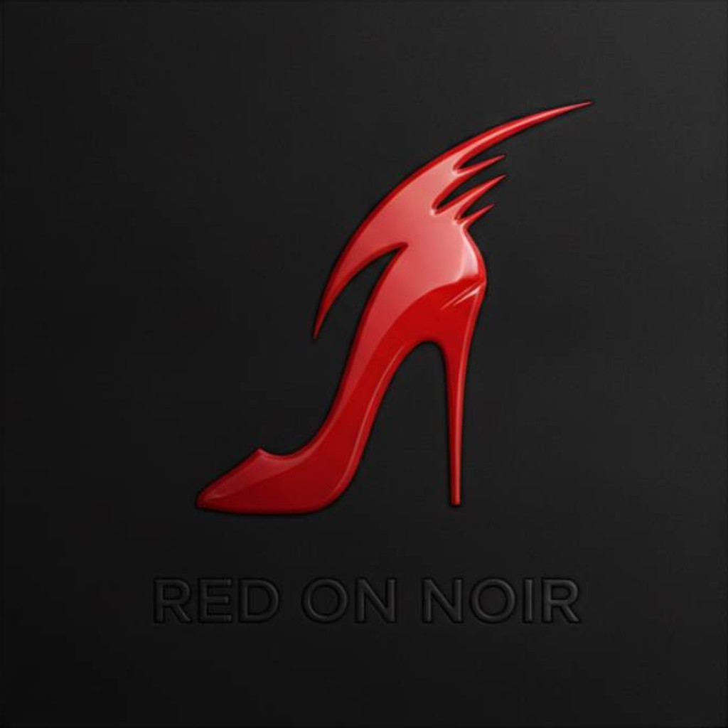 Redonnoir Logo — roter Lack-Stiletto mit Flügel-Absatz auf schwarzer Leinwand