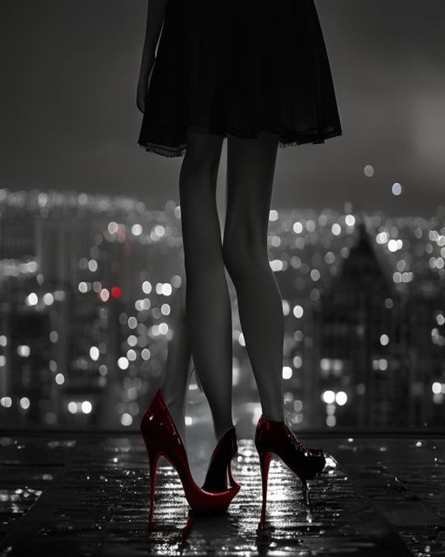 Redonnoir Fine-Art Foto ‚Über allem‘ — elegante Frau in Schwarz mit rot lackierter Stiletto-Sohle, Above It All, editorial Schwarzweiss mit rotem Farbakzent.
