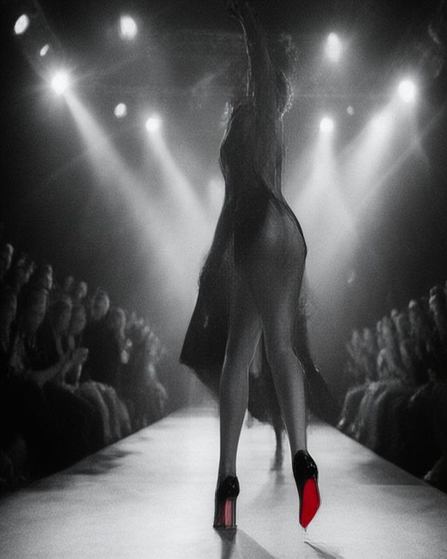 Redonnoir Fine-Art Foto ‚Kurz vor Applaus‘ — elegante Frau in Schwarz mit rot lackierter Stiletto-Sohle, Before the Applause, editorial Schwarzweiss mit rotem Farbakzent.