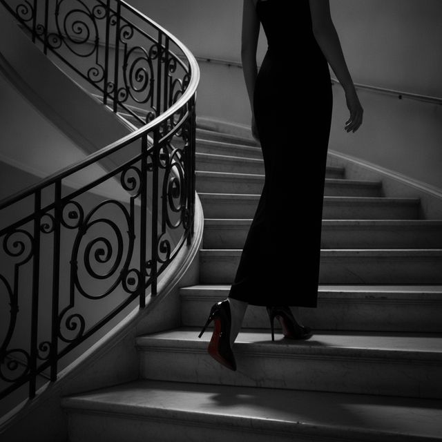 Redonnoir Fine-Art Foto ‚Paris schläft nie‘ — elegante Frau in Schwarz mit rot lackierter Stiletto-Sohle, Paris Never Sleeps, editorial Schwarzweiss mit rotem Farbakzent.