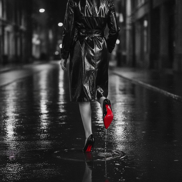 Redonnoir Fine-Art Foto ‚Neon Noir‘ — elegante Frau in Schwarz mit rot lackierter Stiletto-Sohle, Neon Noir, editorial Schwarzweiss mit rotem Farbakzent.