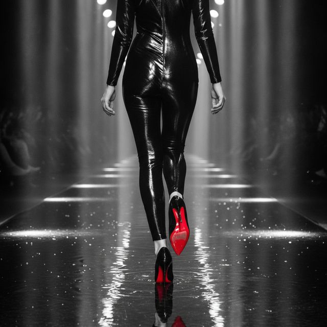 Redonnoir Fine-Art Foto ‚Applaus aus Regen‘ — elegante Frau in Schwarz mit rot lackierter Stiletto-Sohle, Applause of Rain, editorial Schwarzweiss mit rotem Farbakzent.
