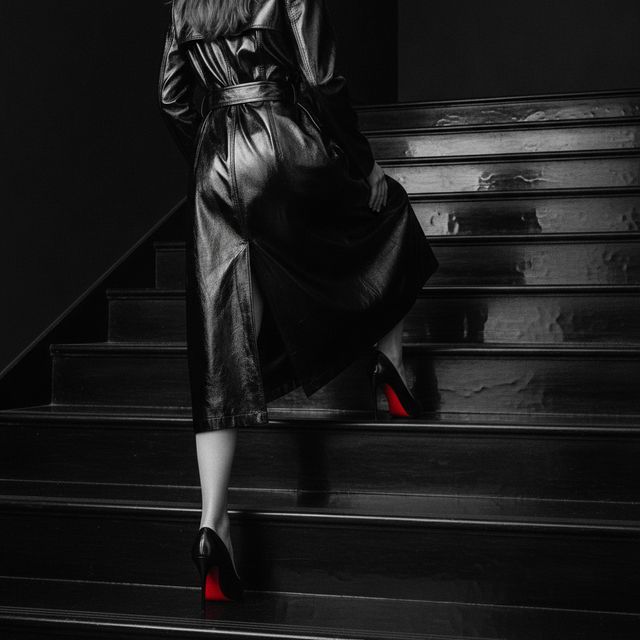 Redonnoir Fine-Art Foto ‚Der Aufstieg‘ — elegante Frau in Schwarz mit rot lackierter Stiletto-Sohle, The Ascent, editorial Schwarzweiss mit rotem Farbakzent.