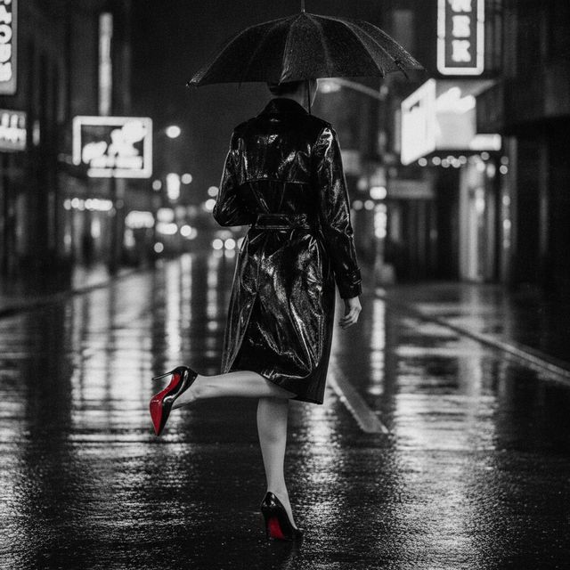 Redonnoir Fine-Art Foto ‚Roter Schirm‘ — elegante Frau in Schwarz mit rot lackierter Stiletto-Sohle, Scarlet Umbrella, editorial Schwarzweiss mit rotem Farbakzent.